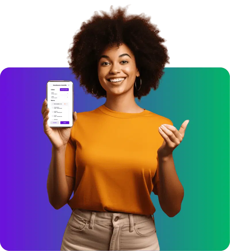 Mulher-feliz-segurando-um -celular-exibindo-as-opções-de-atendimento-na-tela